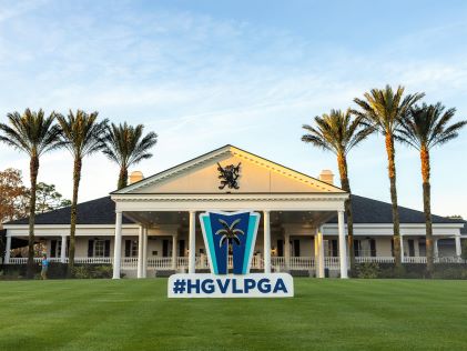 The club house at Lake Nona Country Club & Golf, with the logo for the Hilton Grand Vacations Tournament of Champions