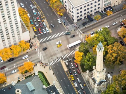 An aerial view of a cross section along Magnificent Mile in downtown Chicago in autumn