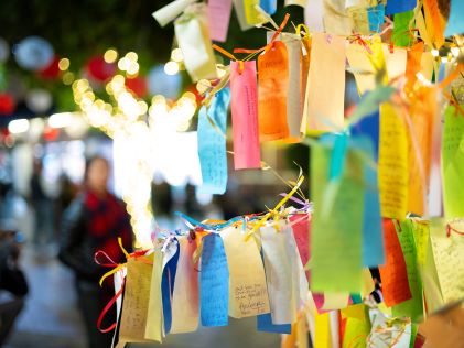 Tanzaku, small pieces of paper with wishes written on them, and hung on a tree as part of Tanabata festival at night