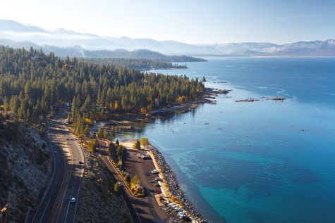 Beautiful aerial image, tree-line shoreline, South Lake Tahoe, California. 