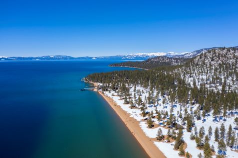 Stunning aerial image, Tahoe East Shore Trail, snow-covered, North Lake Tahoe, Nevada. 