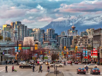 View of downtown Vancouver and snowy mountains in the background