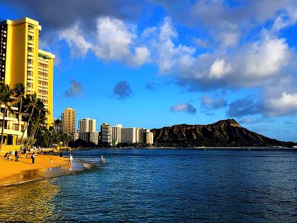 Outside of the Hilton property in Honolulu, Hawaii, looking at Diamond Head Volcano