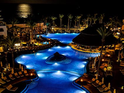 The pool at Cabo Azul, a Hilton Vacation Club, in Cabo San Lucas, Mexico, at night