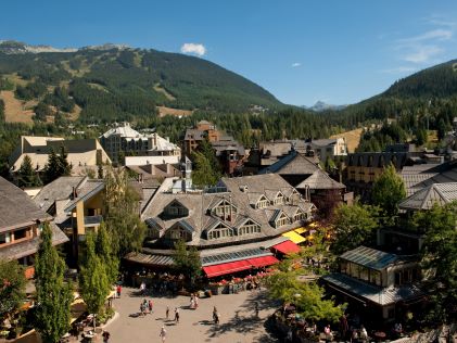 An aerial view of Whistler Village, the main street of one of Canada's ski destinations, in the summer