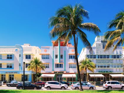 Exterior of McAlpin Ocean Plaza, a Hilton Grand Vacations Club in the Art Deco District of Miami, Florida