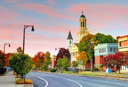 Cotton candy skies, historic architecture, fall foliage, empty street, the Berkshires, Massachusetts. 
