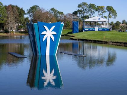 The Hilton Grand Vacations Tournament of Champions logo cutout in a water features at Lake Nona Golf Course & Club