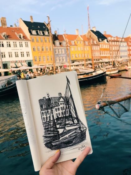 A drawing of riverside homes in Copenhagen, Denmark