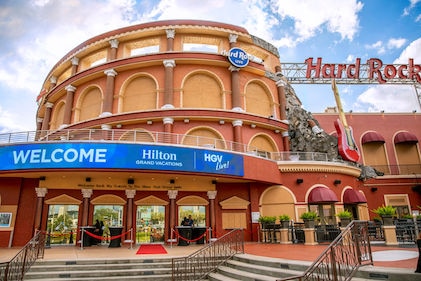 Exterior view of the Hard Rock Live building with a Hilton Grand Vacations, HGV Live marquee sign