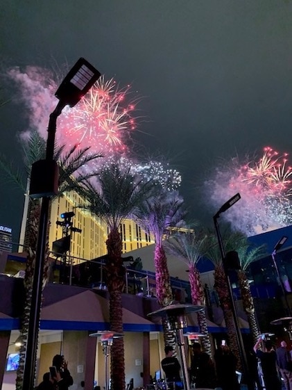 Fireworks light up the night sky over Elara, by Hilton Grand Vacations in Las Vegas, Nevada