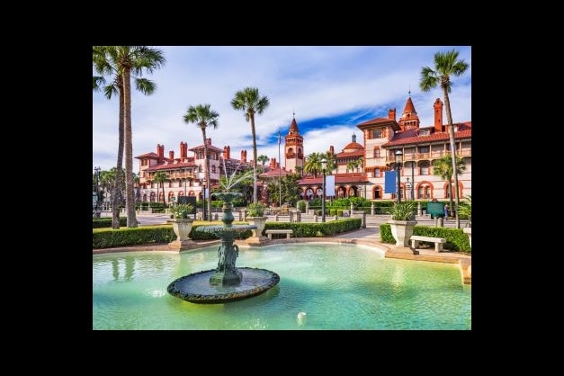 Beautiful aerial view of city hall and Alcazar courtyard in St Augustine, Florida. 