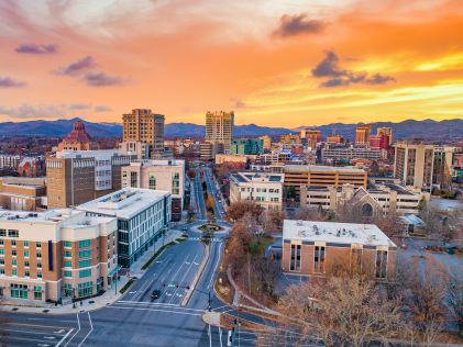 Downtown Asheville, North Carolina, at sunset in the winter