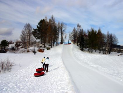 Two sledders walk up a snowy hill in Hanover, New Hampshire