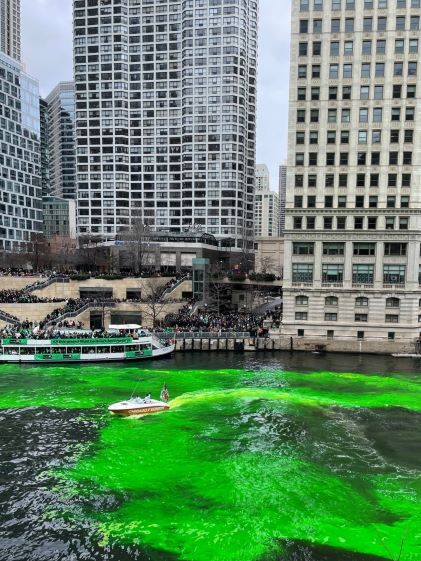 The Chicago River dyed green for St. Patrick's Day festivities