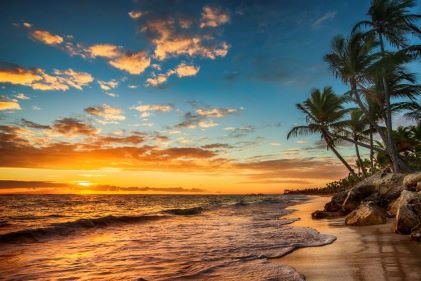 Stunning tropical scene, rolling waves washing ashore gently, sunset painted sky, palm tree-lined coastline, Honolulu, Oahu, Hawaii. 