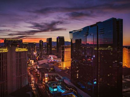 An aerial view of the Las Vegas Strip and Elara, a Hilton Grand Vacations Club