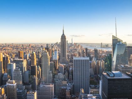 An aerial view of New York City during the day