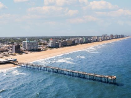 Aerial view of the beach and boardwalk at Virginia Beach