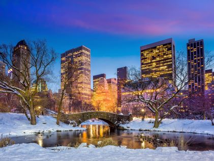 New York City snowy park at night