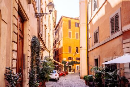 Sunny spring day, city street, plants blooming, cobblestone street, Rome, Italy. 