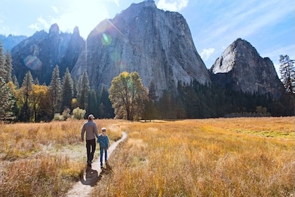 Man and boy walk on a path across large field toward treeline and the gray-faced mountains of Yosemite Park in California