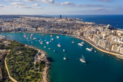 Aerial view, gorgeous coastline, sail boats, buildings, Malta