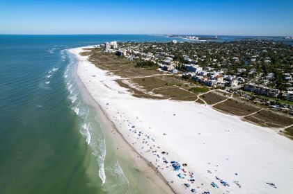 Aerial image, calm shoreline, Siesta Key, Orlando. 