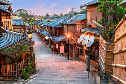 Idyllic Japanese village street, Kyoto, Japan. 