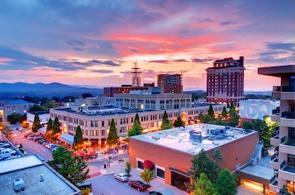 Downtown Asheville, North Carolina seen from above at sunset.