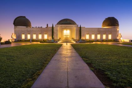 Griffith Observatory glowing beautifully against dusk sky, Los Angeles, California. 