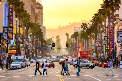 Bustling Hollywood Blvd at sunset, Los Angeles, California. 