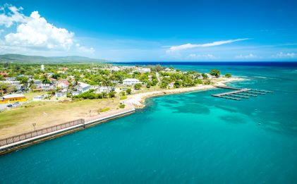 Aerial image, quiet cruise port, palm trees peppering idyllic island town, clear blue skies.