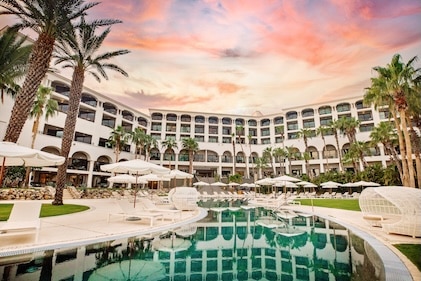 Long shot of pool and background resort at La Pacifica Resort in Los Cabos, Mexico