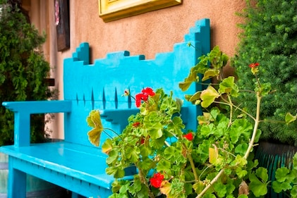 Red flowering bush in the foreground with an antique blue painted southwestern style bench and the red clay of an adobe structure in the background, in Santa Fe, New Mexico.
