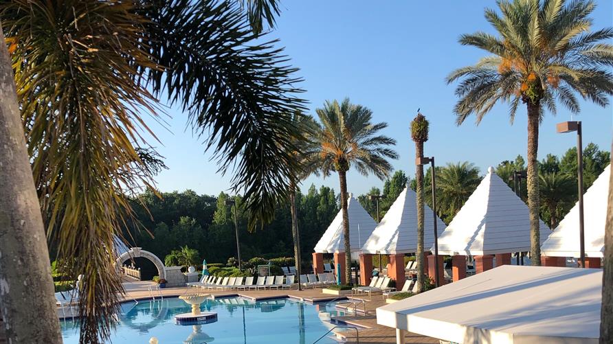 Poolside view at Hilton Grand Vacations at SeaWorld in Orlando, Florida. 