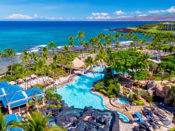 Aerial view of the pools at Hilton Waikoloa Village on the Big Island, Hawaii
