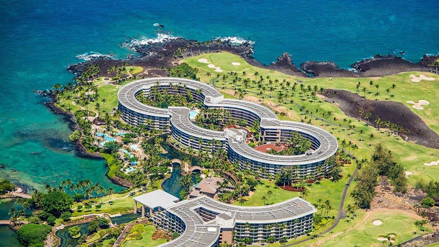 Aerial view of Ocean Tower by Hilton Grand Vacations on the Big Island of Hawaii. 