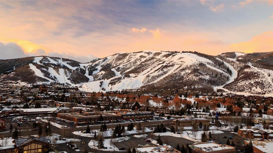 Aerial view of Park City, Utah with mountains in the background. 