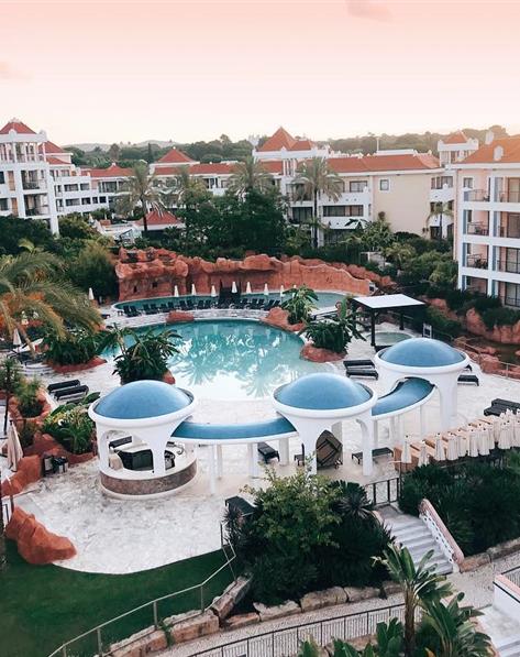 Aerial view of courtyard pool at Vilamoura, a Hilton Grand Vacations Club.
