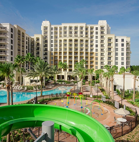 Aerial view of waterslides and pool at Las Palmeras, a Hilton Grand Vacation Club