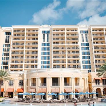 Exterior view of the front of Parc Soleil, a Hilton Grand Vacations Club located in Orlando, Florida.