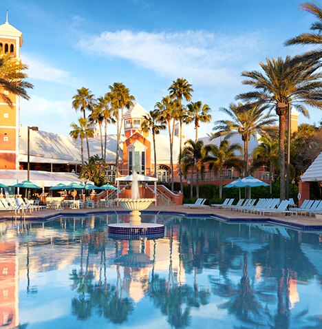 Pool with fountain in a courtyard at Hilton Grand Vacations at SeaWorld located in Orlando, Florida.