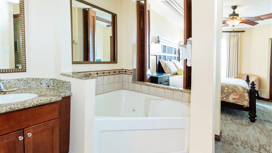 Bathroom and bedroom at Harbourview Villas at South Seas Island Resort located at Captiva Island, Florida. 