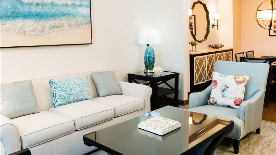 Living area at Harbourview Villas at South Seas Island Resort located at Captiva Island, Florida. 