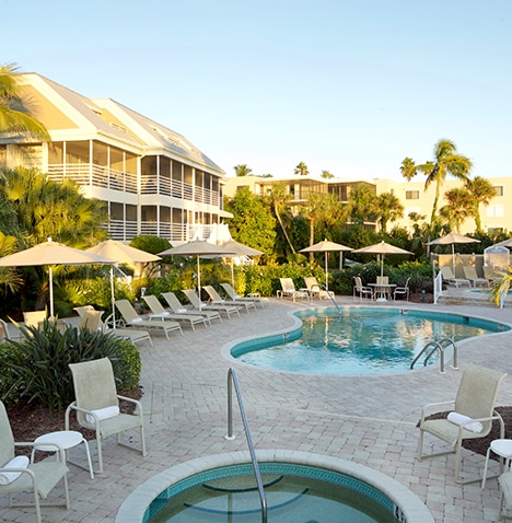 Pool area at Hurricane House Resort located in Sanibel Island, Florida.