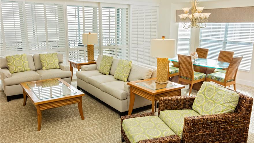 Dining and living area at Plantation Bay Villas at South Seas Island Resort located at Captiva Island, Florida