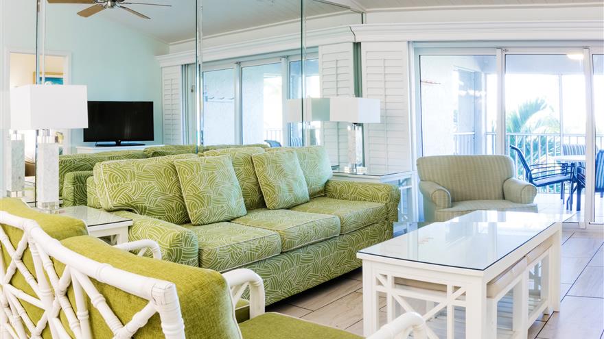 Living area at Overhead view of Shell Island Beach Club Resort located on Sanibel Island, Florida