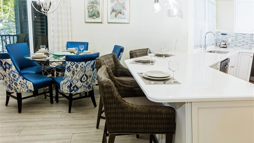 Dining area and kitchen bar at The Cottages at South Seas Island Resort located at Captiva Island, Florida