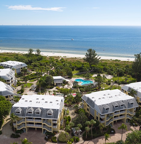 Aerial view of Sanibel Island and Tortuga Beach Club Resort.